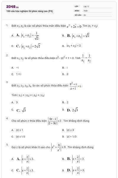 100 câu trắc nghiệm Số phức nâng cao (P4)