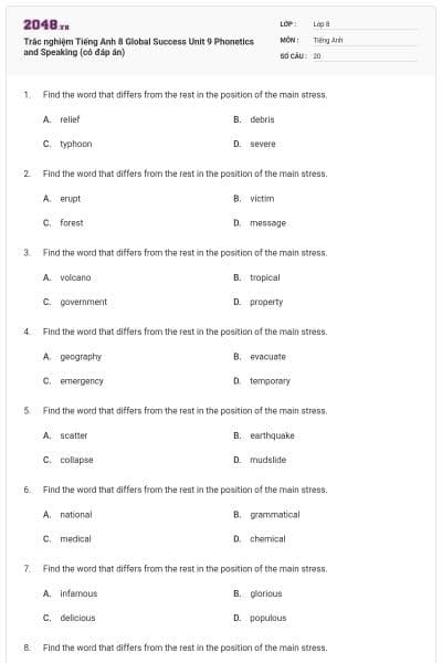 Trắc nghiệm Tiếng Anh 8 Global Success Unit 9 Phonetics and Speaking (có đáp án)
