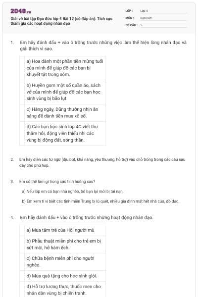 Giải vở bài tập Đạo đức lớp 4 Bài 12 (có đáp án): Tích cực tham gia các hoạt động nhân đạo