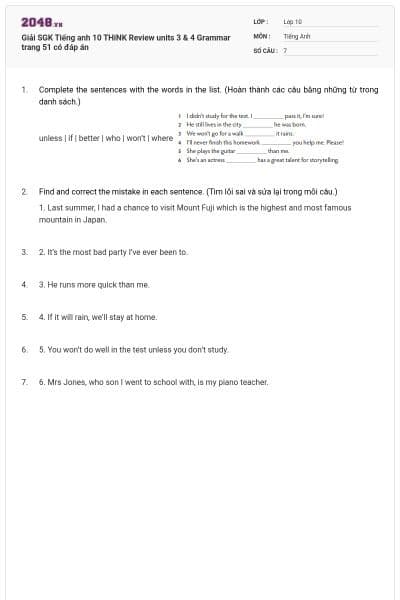Giải SGK Tiếng anh 10 THiNK Review units 3 & 4 Grammar trang 51 có đáp án