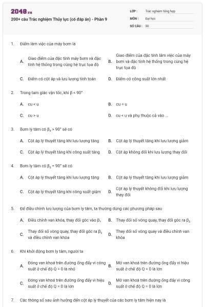 200+ câu Trắc nghiệm Thủy lực (có đáp án) - Phần 9