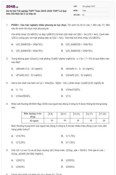 Đề thi thử Tốt nghiệp THPT Toán 2025-2026 THPT Lê Quý Đôn (Hà Nội) lần 2 có đáp án