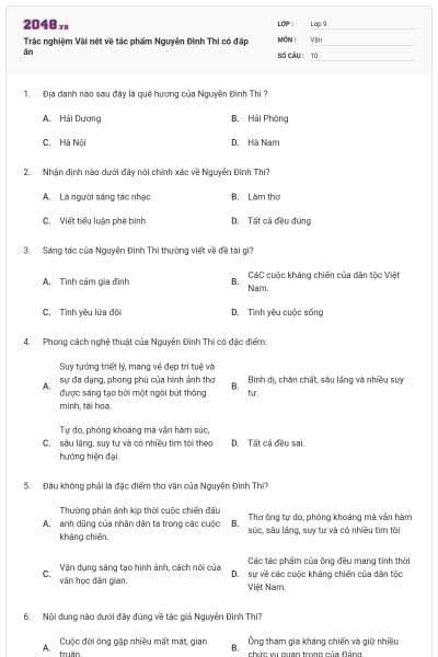 Trắc nghiệm Vài nét về tác phẩm Nguyễn Đình Thi có đáp án