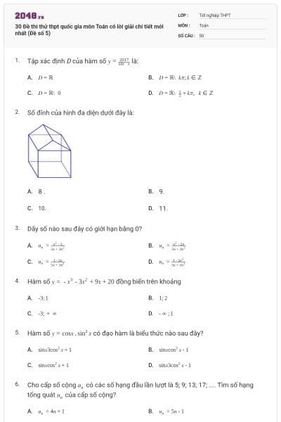 30 Đề thi thử thpt quốc gia môn Toán có lời giải chi tiết mới nhất (Đề số 5)