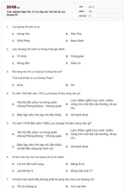 Trắc nghiệm Ngữ Văn 12 (có đáp án): Vài nét về Lưu Quang Vũ