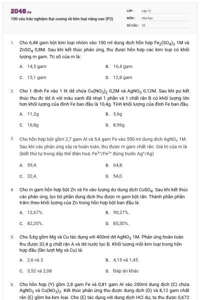 100 câu trắc nghiệm Đại cương về kim loại nâng cao (P2)