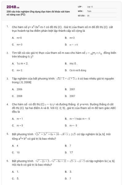 200 câu trắc nghiệm Ứng dụng đạo hàm để khảo sát hàm số nâng cao (P2)