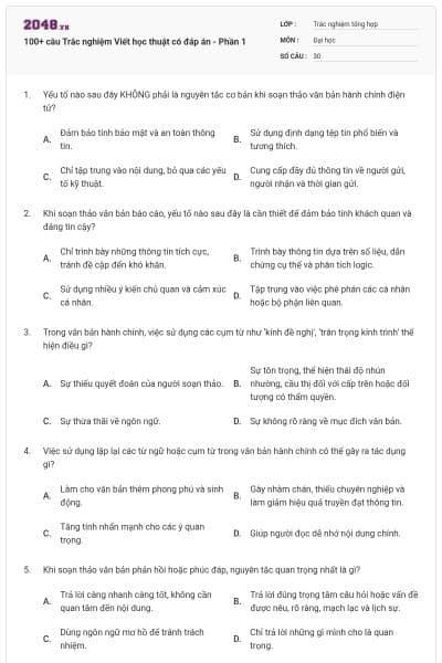 100+ câu Trắc nghiệm Viết học thuật có đáp án - Phần 1