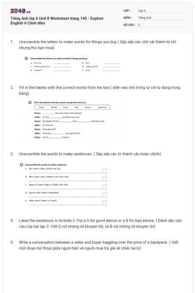 Tiếng Anh lớp 6 Unit 8 Worksheet trang 145 - Explore English 6 Cánh diều