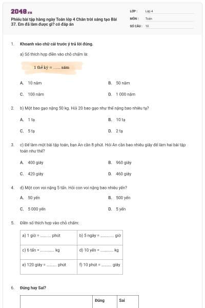 Phiếu bài tập hàng ngày Toán lớp 4 Chân trời sáng tạo Bài 37. Em đã làm được gì? có đáp án