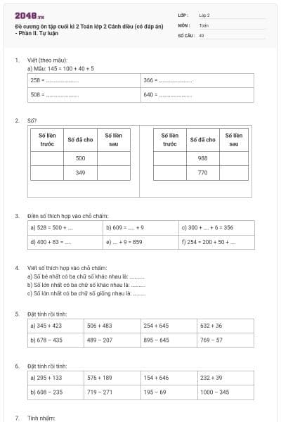 Đề cương ôn tập cuối kì 2 Toán lớp 2 Cánh diều (có đáp án) - Phần II. Tự luận