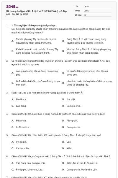 Đề cương ôn tập cuối kì 1 Lịch sử 11 (2 tiết/tuần) (có đáp án) - Bài tập tự luyện