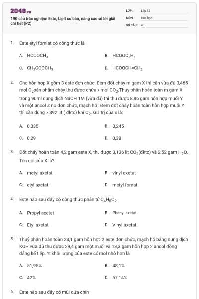 190 câu trắc nghiệm Este, Lipit cơ bản, nâng cao có lời giải chi tiết (P2)