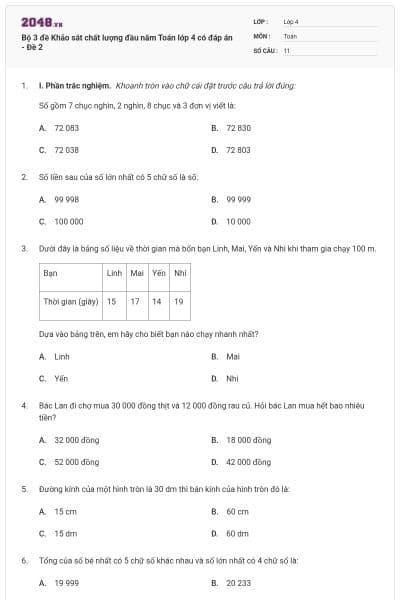 Bộ 3 đề Khảo sát chất lượng đầu năm Toán lớp 4 có đáp án - Đề 2
