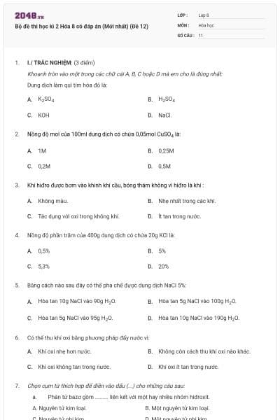 Bộ đề thi học kì 2 Hóa 8 có đáp án (Mới nhất) (Đề 12)