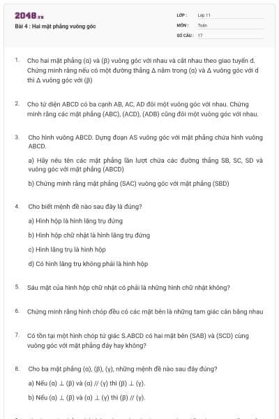 Bài 4 : Hai mặt phẳng vuông góc