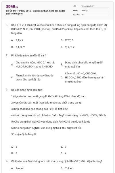 Đề Ôn thi THPTQG 2019 Hóa Học cơ bản, nâng cao có lời giải chi tiết (P8)