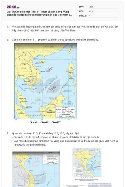 Giải SGK Địa lí 8 KNTT Bài 11: Phạm vi biển đông. Vùng biển đảo và đặc điểm tự nhiên vùng biển đảo Việt Nam có đáp án