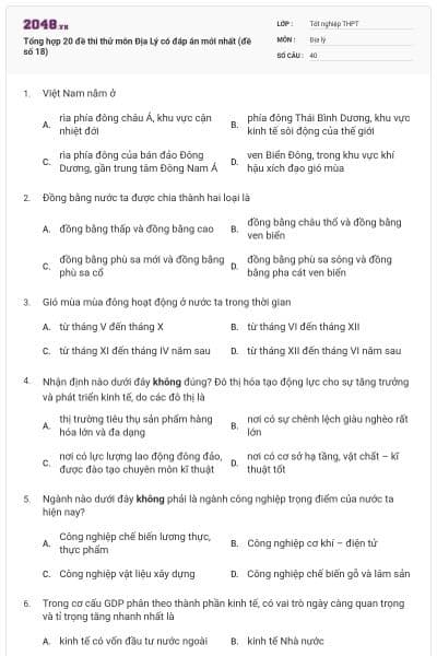 Tổng hợp 20 đề thi thử môn Địa Lý có đáp án mới nhất (đề số 18)