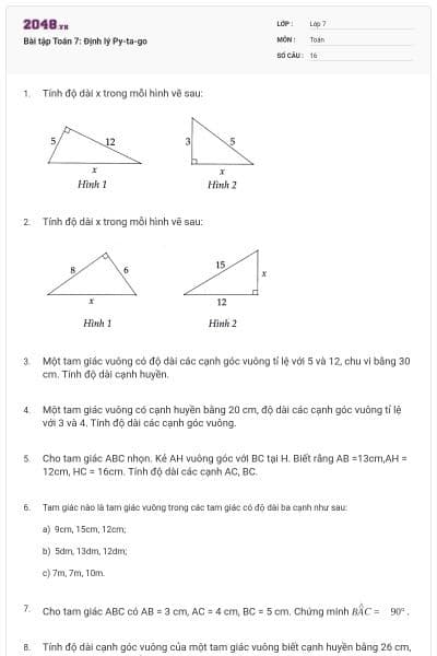 Bài tập Toán 7: Định lý Py-ta-go