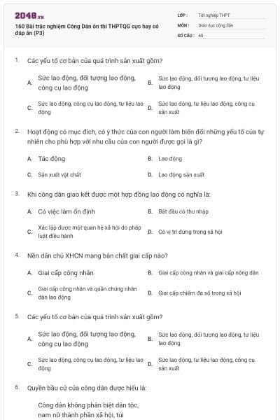160 Bài trắc nghiệm Công Dân ôn thi THPTQG cực hay có đáp án (P3)