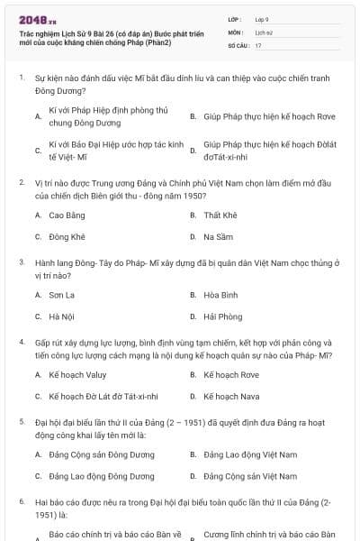 Trắc nghiệm Lịch Sử 9 Bài 26 (có đáp án) Bước phát triển mới của cuộc kháng chiến chống Pháp (Phần2)