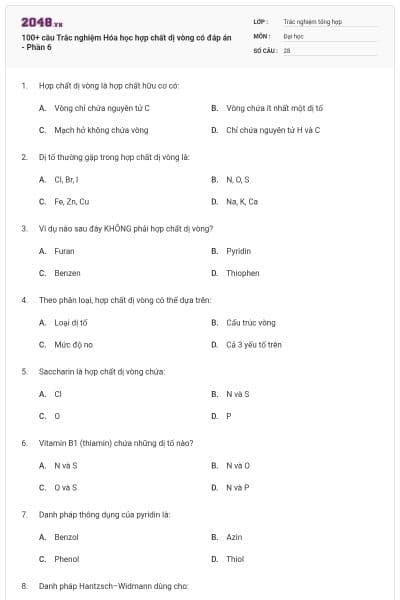 100+ câu Trắc nghiệm Hóa học hợp chất dị vòng có đáp án - Phần 6