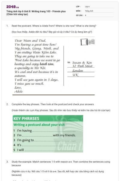Tiếng Anh lớp 6 Unit 8: Writing trang 103 - Friends plus (Chân trời sáng tạo)