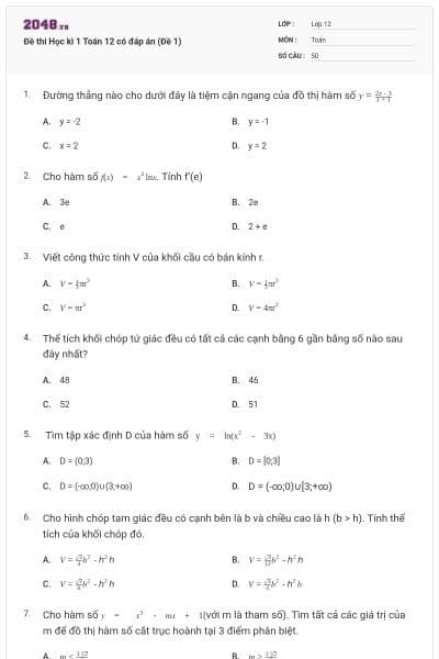 Đề thi Học kì 1 Toán 12 có đáp án (Đề 1)