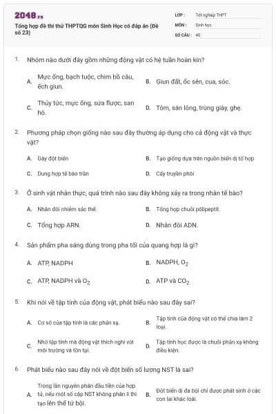 Tổng hợp đề thi thử THPTQG môn Sinh Học có đáp án (Đề số 23)