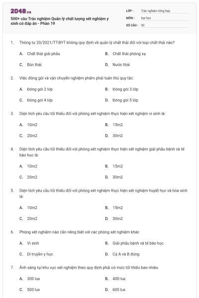 500+ câu Trắc nghiệm Quản lý chất lượng xét nghiệm y sinh có đáp án - Phần 19