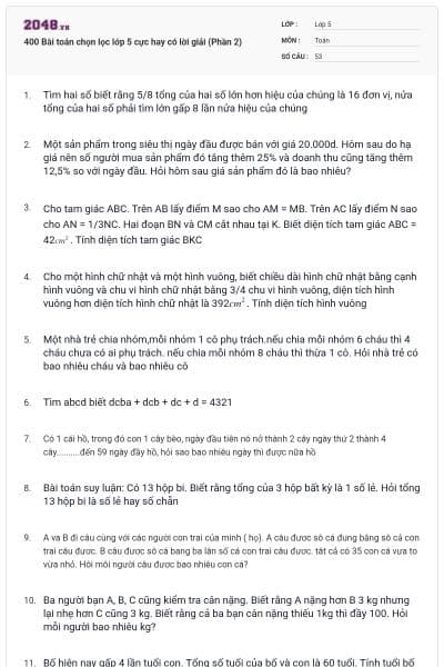 400 Bài toán chọn lọc lớp 5 cực hay có lời giải (Phần 2)
