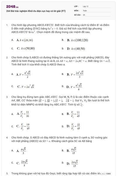 264 Bài trắc nghiệm Khối đa diện cực hay có lời giải (P7)