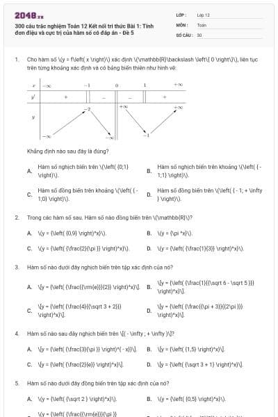 300 câu trắc nghiệm Toán 12 Kết nối tri thức Bài 1: Tính đơn điệu và cực trị của hàm số có đáp án - Đề 5
