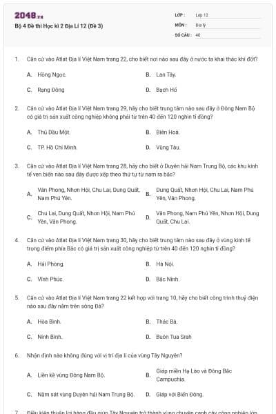 Bộ 4   Đề thi Học kì 2 Địa Lí 12 (Đề 3)
