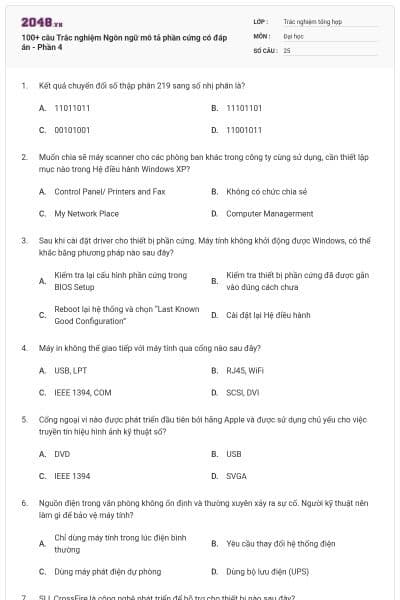 100+ câu Trắc nghiệm Ngôn ngữ mô tả phần cứng có đáp án - Phần 4