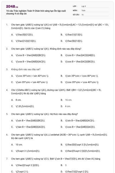 16 câu Trắc nghiệm Toán 9 Chân trời sáng tạo Ôn tập cuối chương 4 có đáp án
