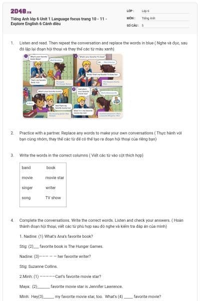Tiếng Anh lớp 6 Unit 1 Language focus trang 10 - 11 - Explore English 6 Cánh diều