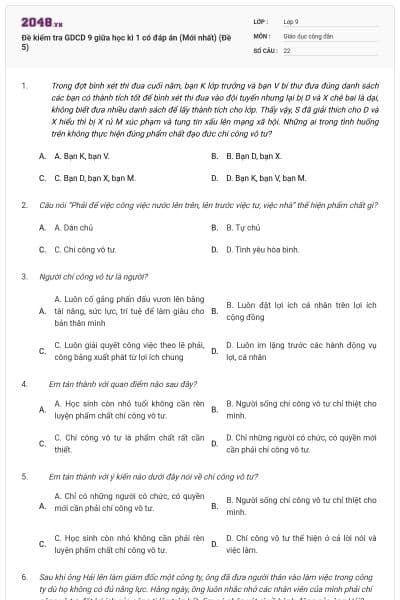 Đề kiểm tra GDCD 9 giữa học kì 1 có đáp án (Mới nhất) (Đề 5)