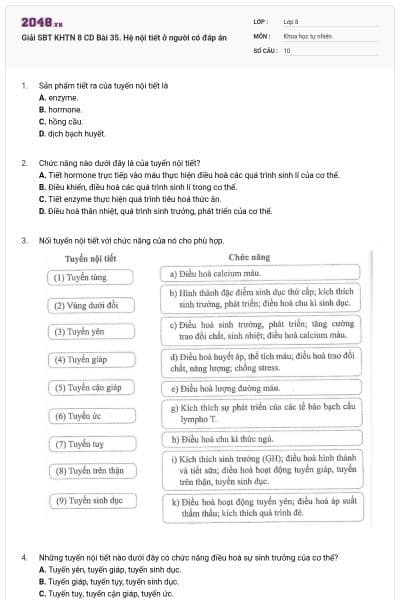 Giải SBT KHTN 8 CD Bài 35. Hệ nội tiết ở người có đáp án