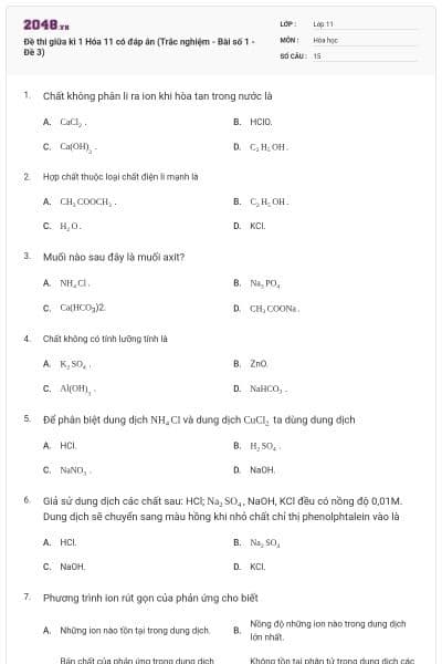 Đề thi giữa kì 1  Hóa 11 có đáp án (Trắc nghiệm - Bài số 1 - Đề 3)