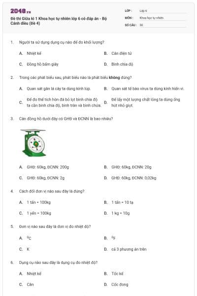 Đề thi Giữa kì 1 Khoa học tự nhiên lớp 6 có đáp án - Bộ Cánh diều (Đề 4)