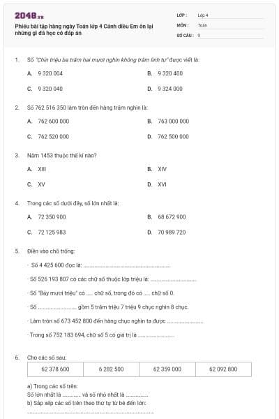 Phiếu bài tập hàng ngày Toán lớp 4 Cánh diều Em ôn lại những gì đã học có đáp án