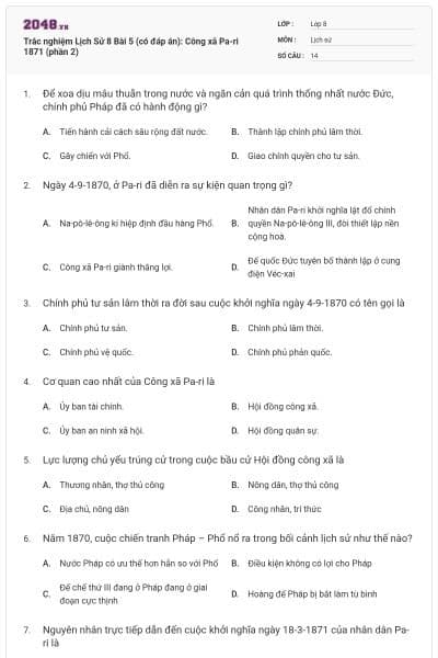 Trắc nghiệm Lịch Sử 8 Bài 5 (có đáp án): Công xã Pa-ri 1871 (phần 2)