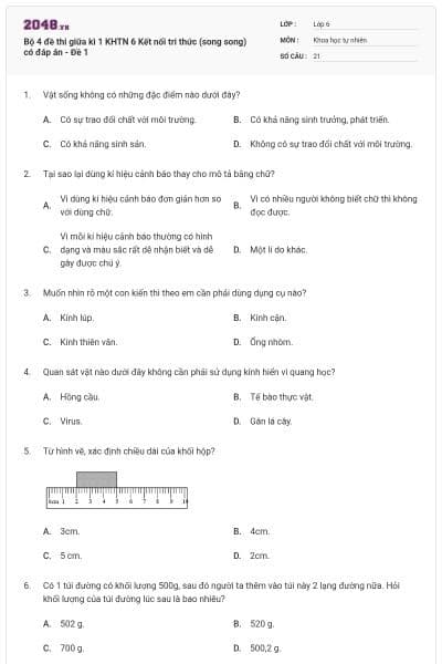 Bộ 4 đề thi giữa kì 1 KHTN 6 Kết nối tri thức (song song) có đáp án - Đề 1