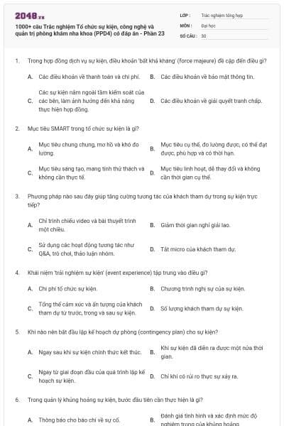 1000+ câu Trắc nghiệm Tổ chức sự kiện, công nghệ và quản trị phòng khám nha khoa (PPD4) có đáp án - Phần 23