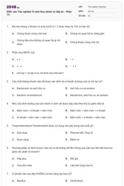 800+ câu Trắc nghiệm Vi sinh thực phẩm có đáp án - Phần 13