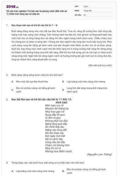 20 câu trắc nghiệm Trả bài văn tả phong cảnh (Bài viết số 1) Chân trời sáng tạo có đáp án