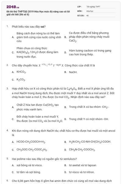 Đề thi thử THPTQG 2019 Hóa Học mức độ nâng cao có lời giải chi tiết (Đề số 6)
