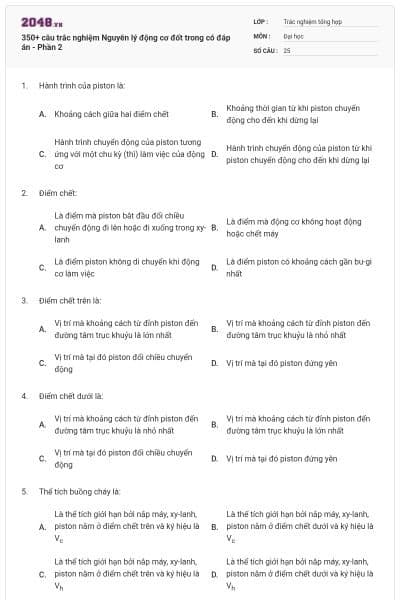350+ câu trắc nghiệm Nguyên lý động cơ đốt trong có đáp án - Phần 2